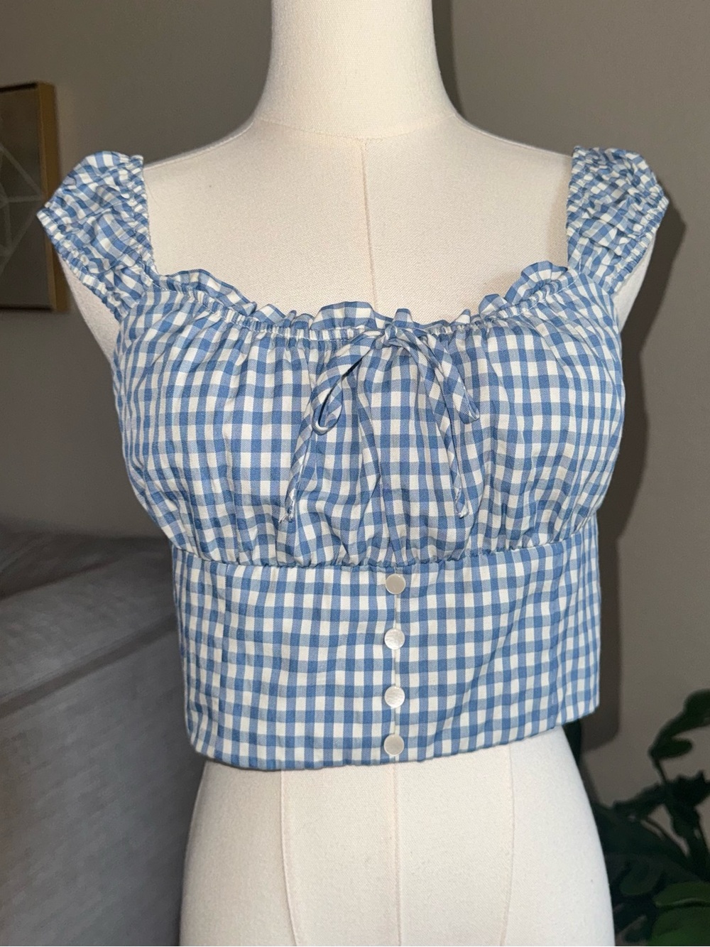 Women’s M Blue White Gingham Crop Tank Top Cottage core Medium Western Boho Sexy